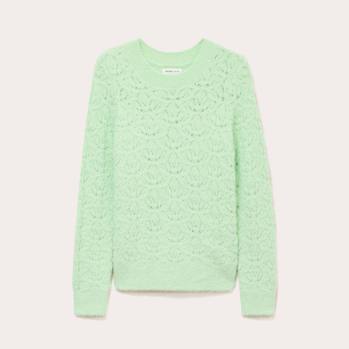 Pull ajouré col rond manches longues vert pastel femme