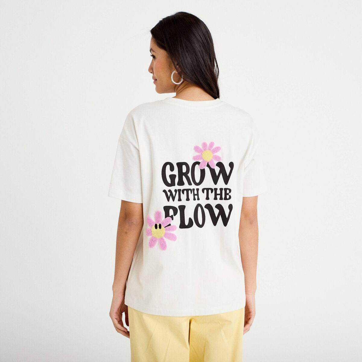 T-shirt col rond manches courtes ecru femme