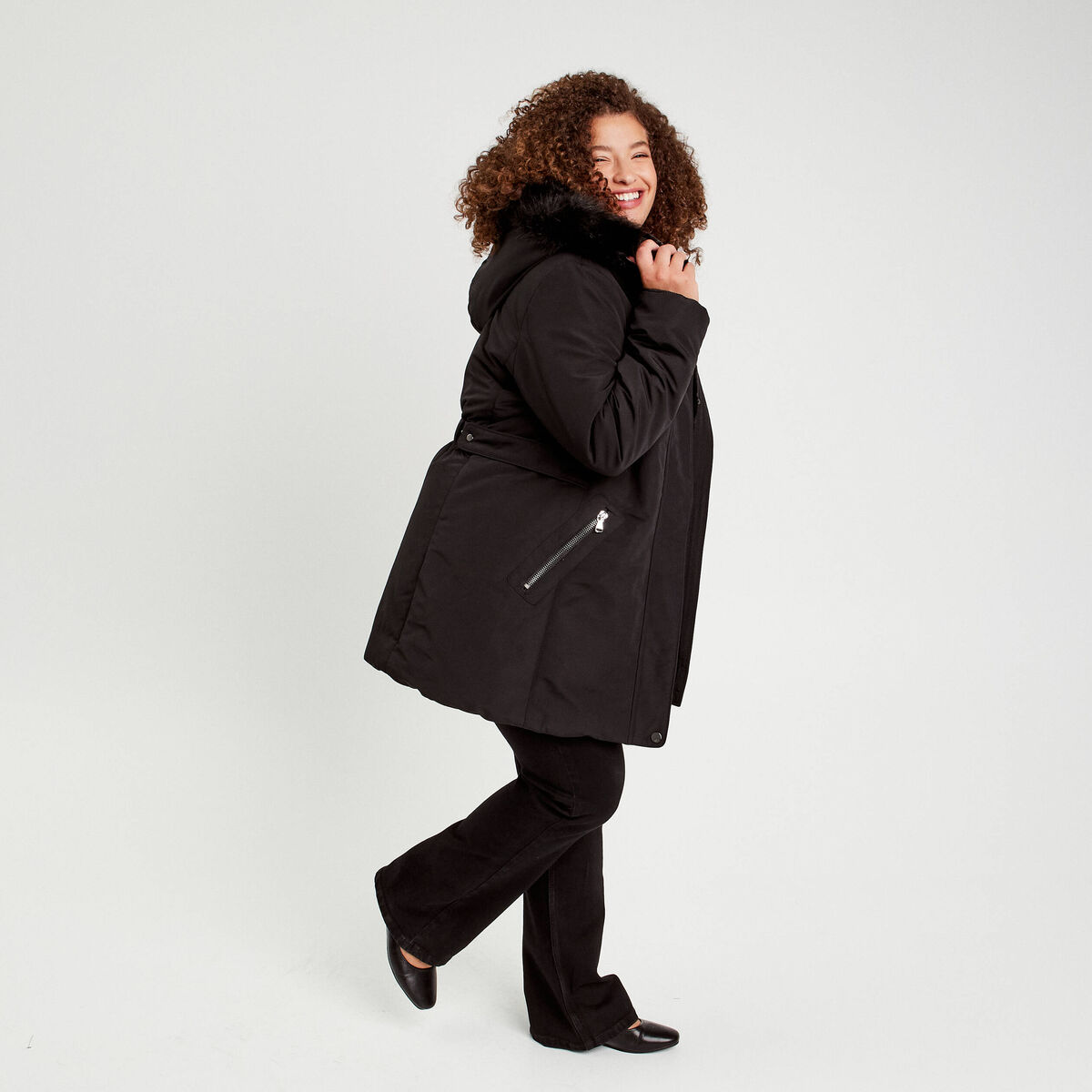 Parka à capuche fausse fourrure noir femme