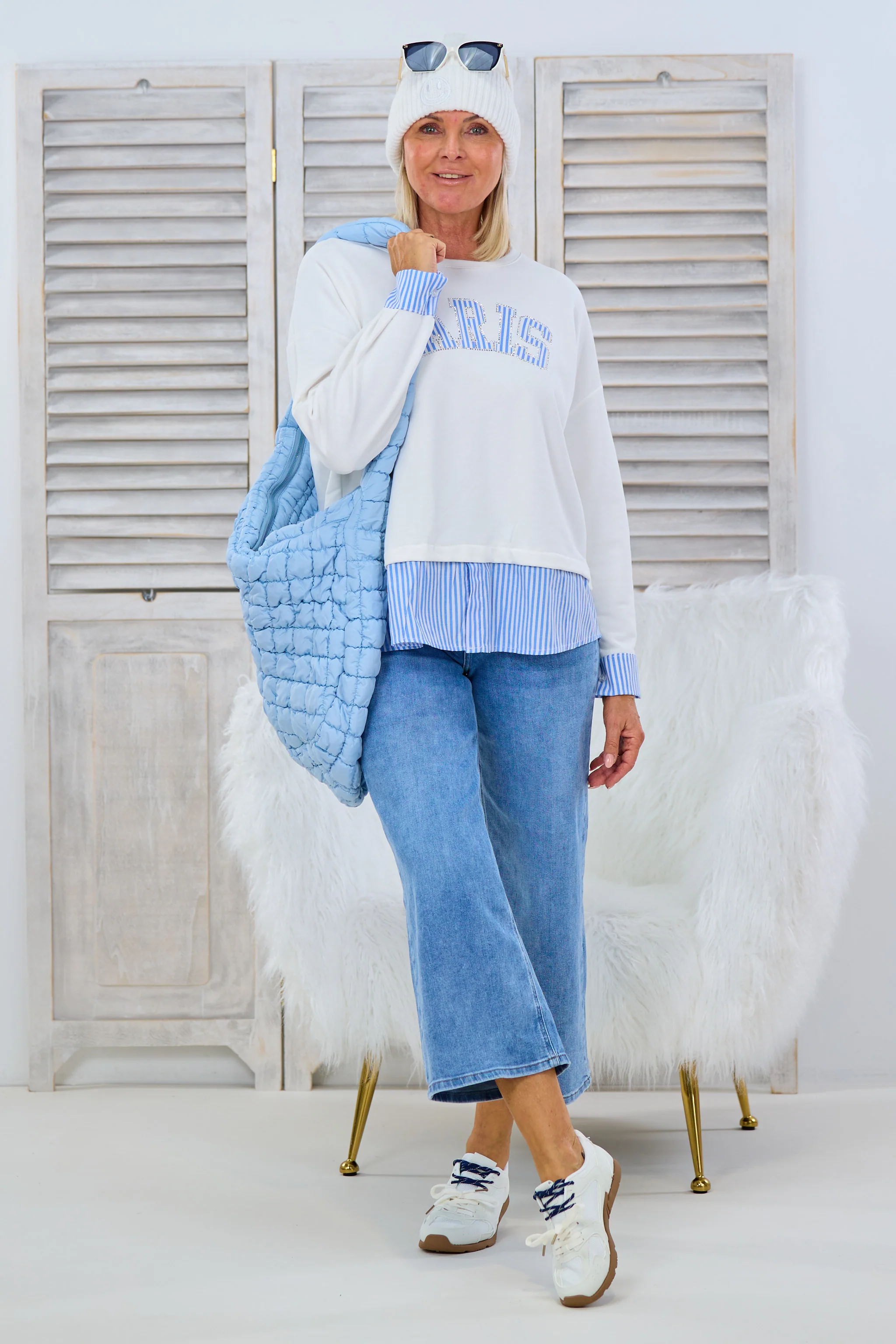 Shirt mit Blusenansatz, ecru-blau/weiß