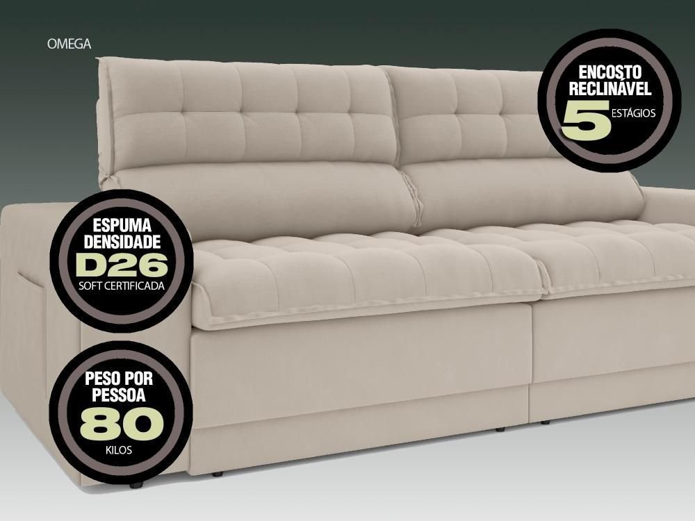 Sofá Omega 2,00m Assento Retrátil e Reclinável Velosuede - Netsofas - Areia