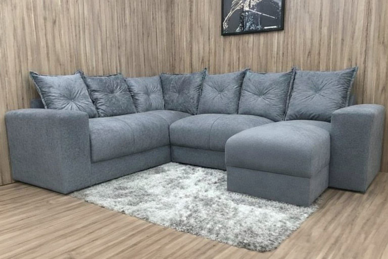 Sofá de Canto Estofado Alice com Chaise Suede Cinza Al Móveis