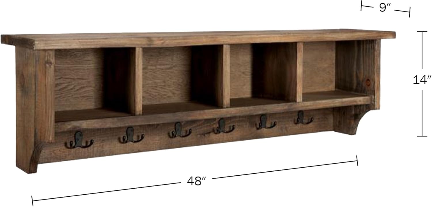 Pomona 48-Inch Wall-Mounted Coat Rack – Solid Wood & Metal Modern Entryway Organizer with 6 Heavy-Duty Hooks and 4 Open Cubbies for Mudroom, Hallway, Apartment, or Office Storage by Alaterre Furniture
