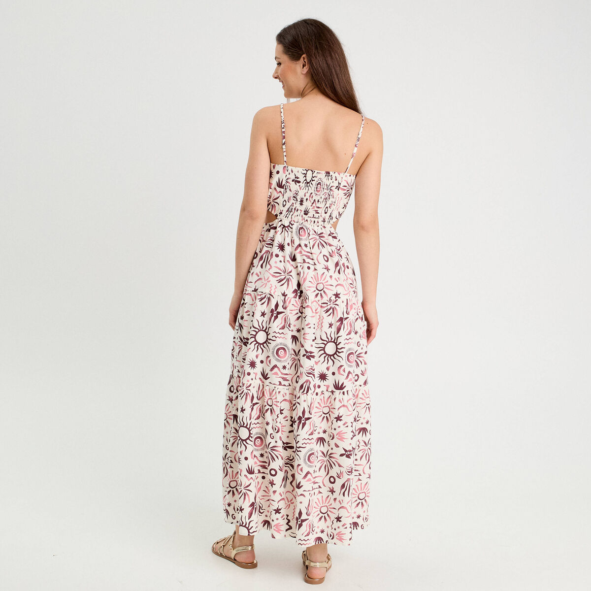 Robe longue évasée ouvertures rose femme