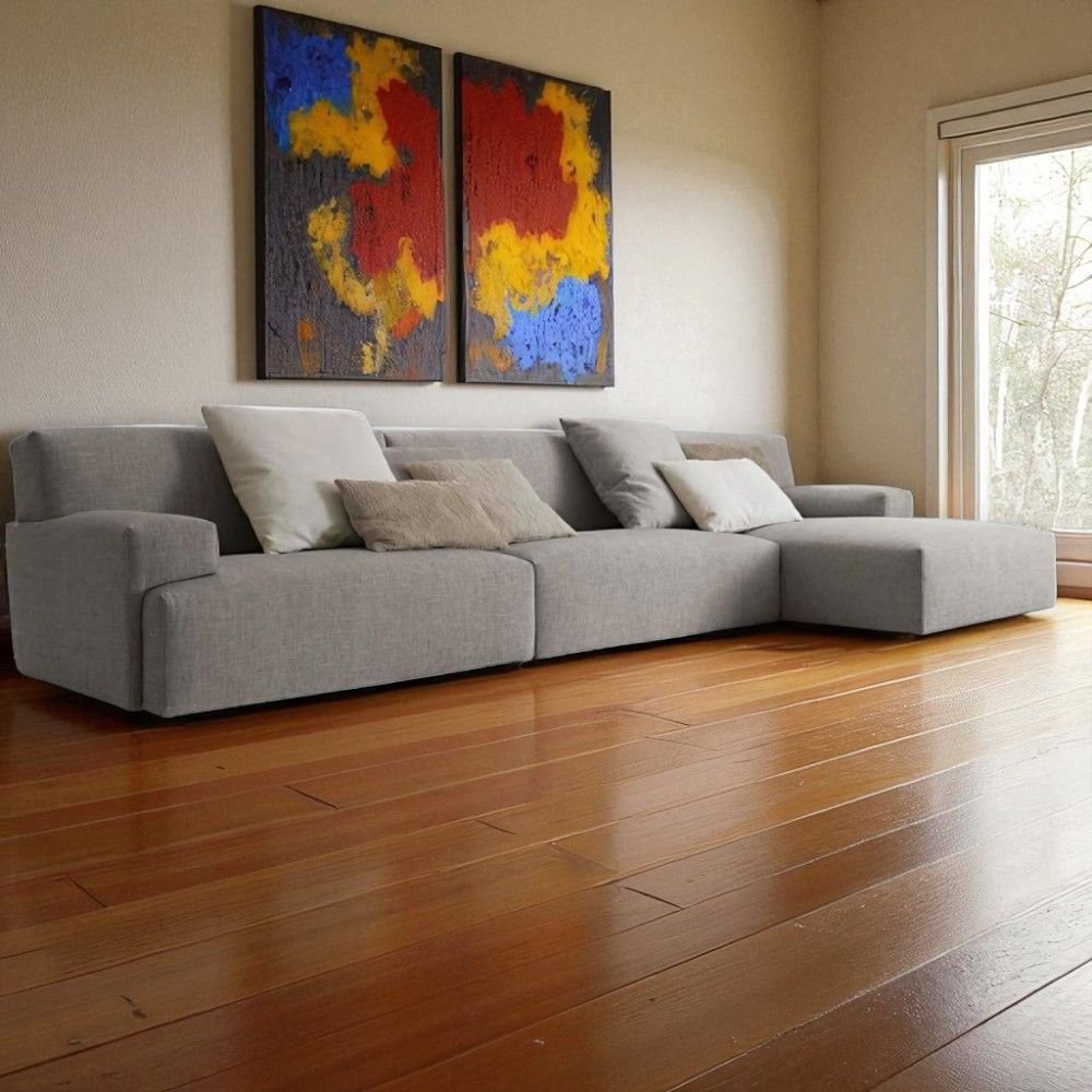 Sofá de Canto com Chaise - 2,93m x 1,61m, Linho sintético Bege