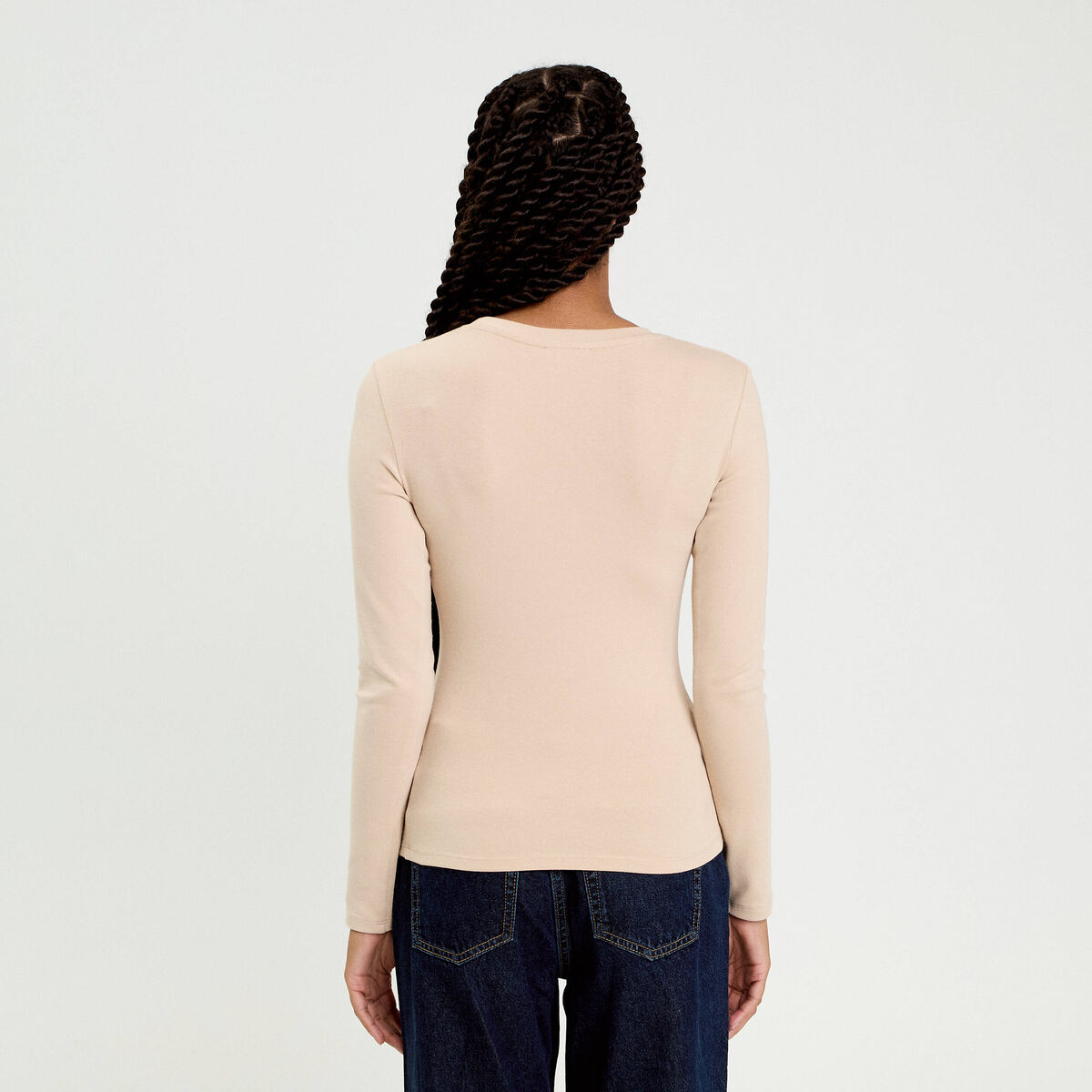 T-shirt cintré col rond manches longues sable femme