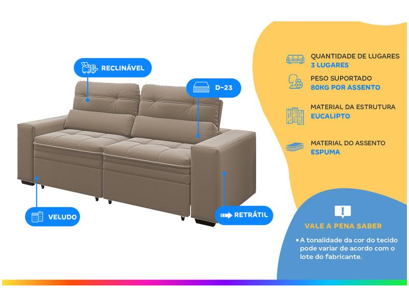 Sofá Retrátil Reclinável 3 Lugares Veludo com Baú