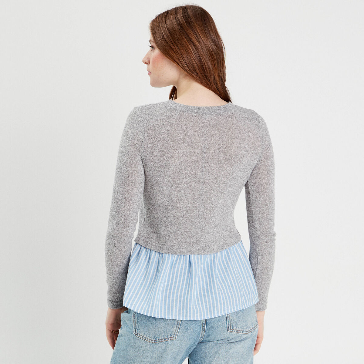 Pull effet 2-en-1 chemise gris clair femme