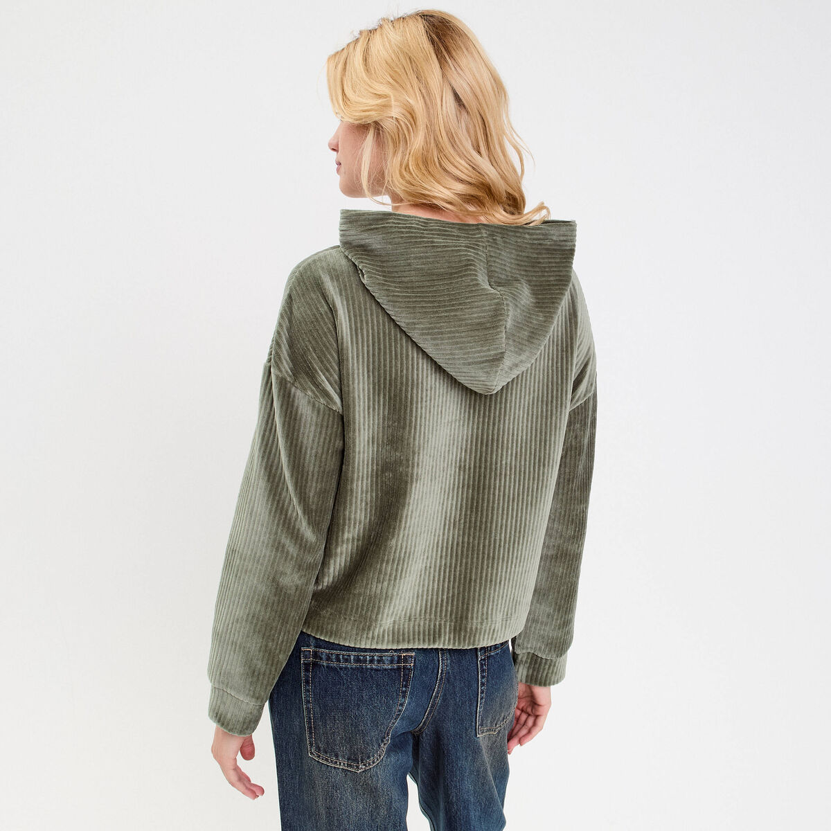 Sweat oversize velours col rond vert kaki femme