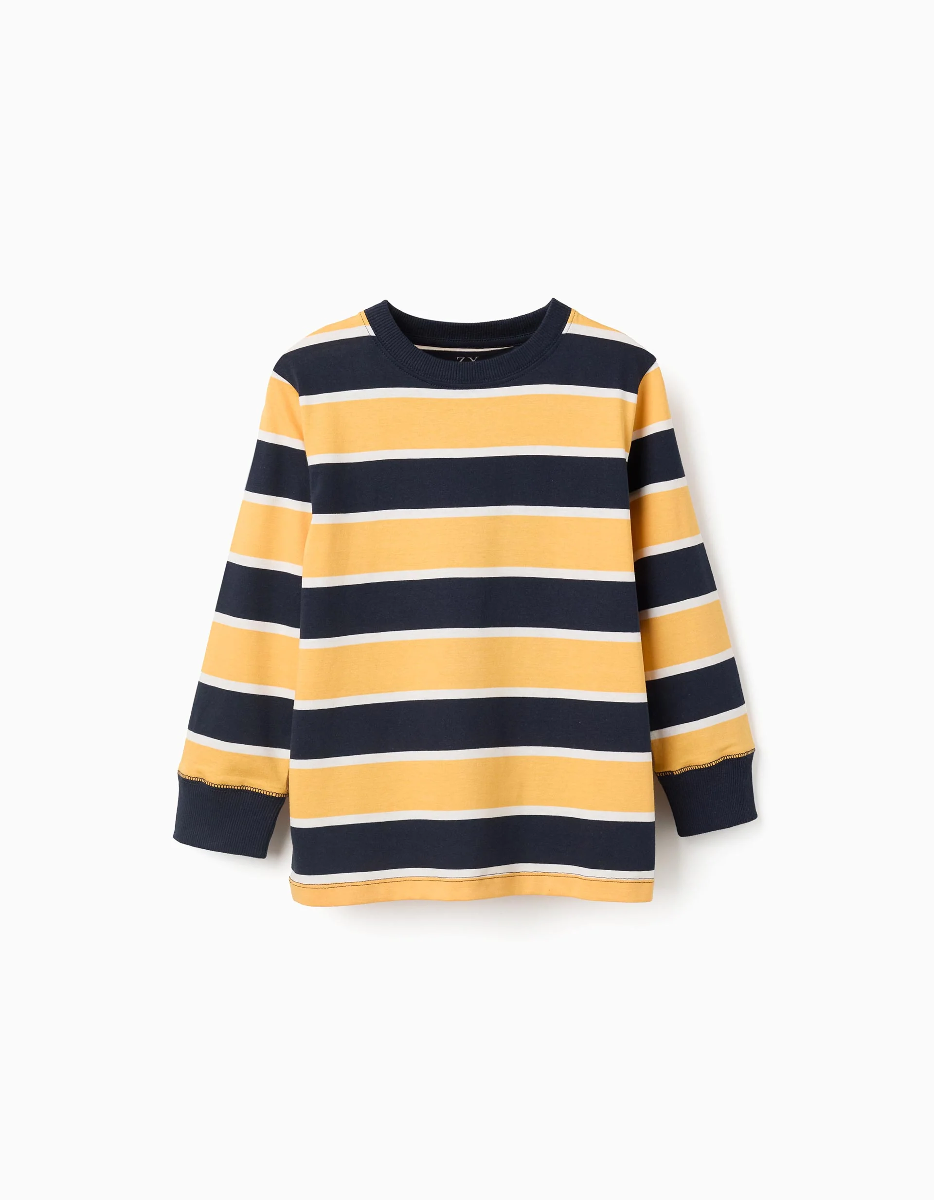 Long sleeve cotton T-shirt with stripes for boys, blue/yellow/white