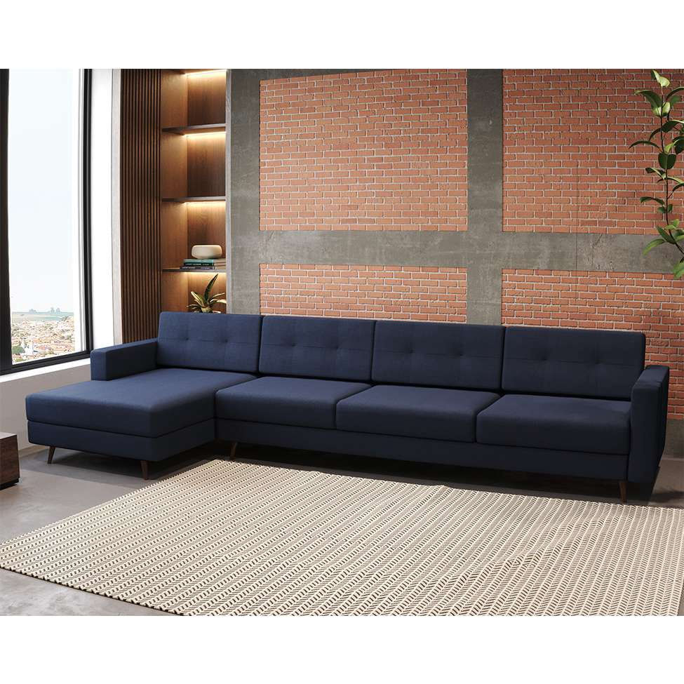 Sofá 4 Lugares Living com Chaise Esquerdo Pé Palito Linho Cotton Azul Marinho em Promoção | Ofertas na Americanas