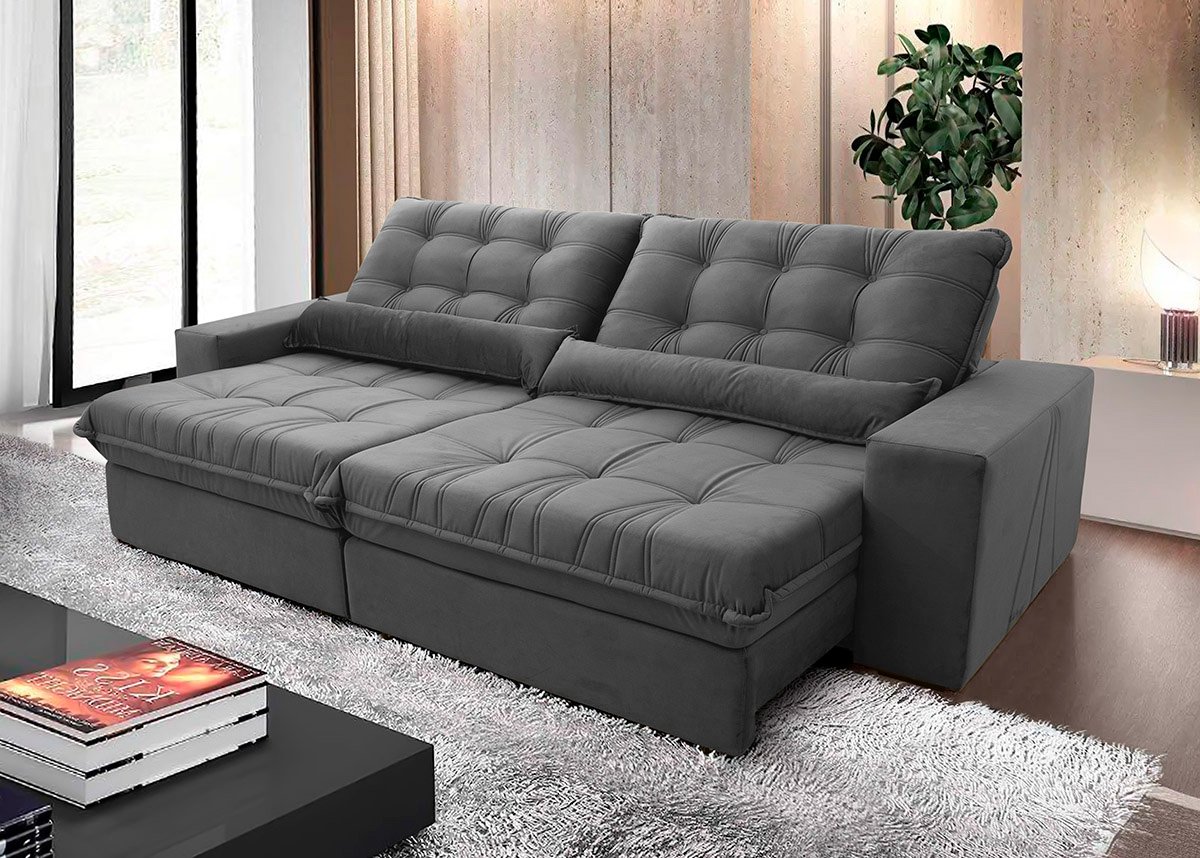 Sofá Retrátil/reclinável Zurique 2,70m Suede Velut Cinza C/ Molas no Assento - King House