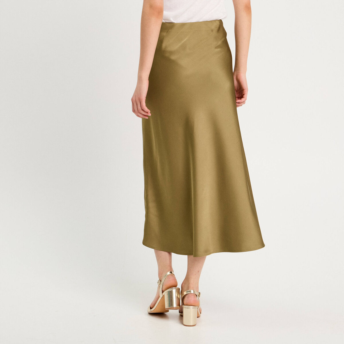 Jupe longue trapèze satin vert foncé femme