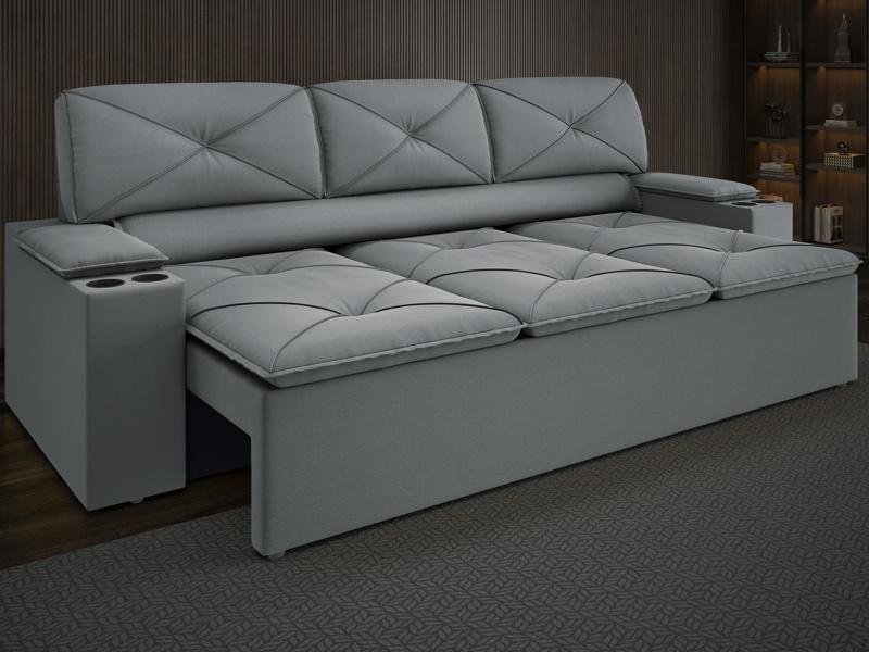 Sofá com Porta Copos Retrátil e Reclinável Pop 2,05m Velosuede Grafite - Netsofas