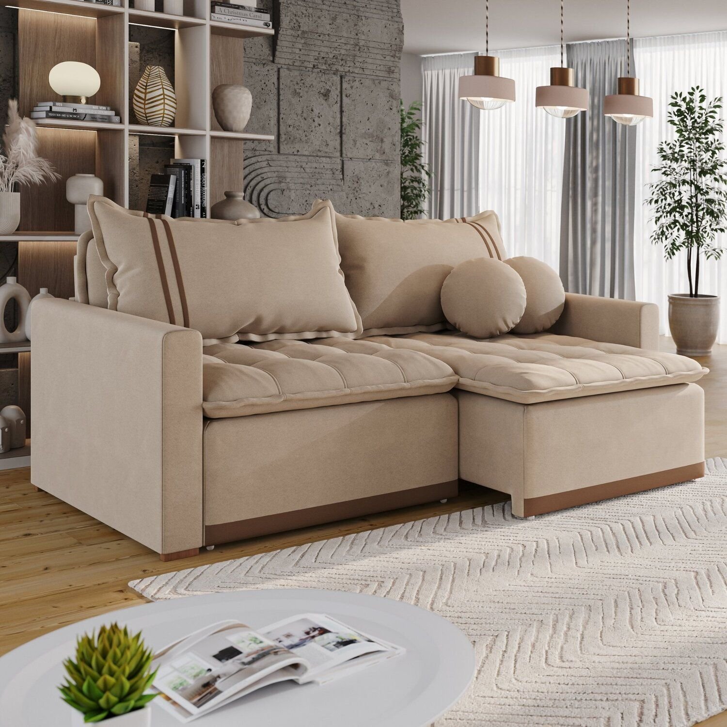 Sofá Cama Retrátil em Madeira Eucalipto e Linho 220cm Flórida