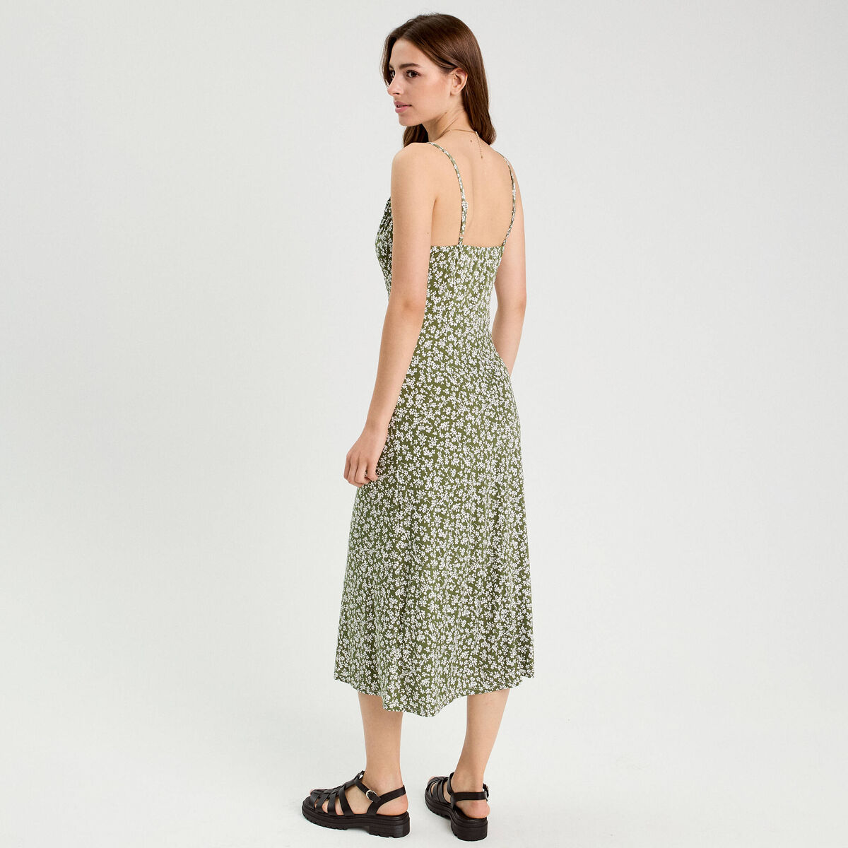 Robe longue ajustée vert kaki femme