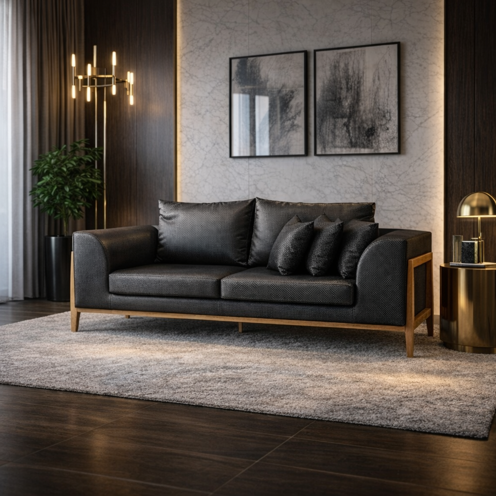 Sofá 2 Lugares para Escritório Living Sala Lucy 2 Metros Facto Escama Preto Base Madeira - D'rossi