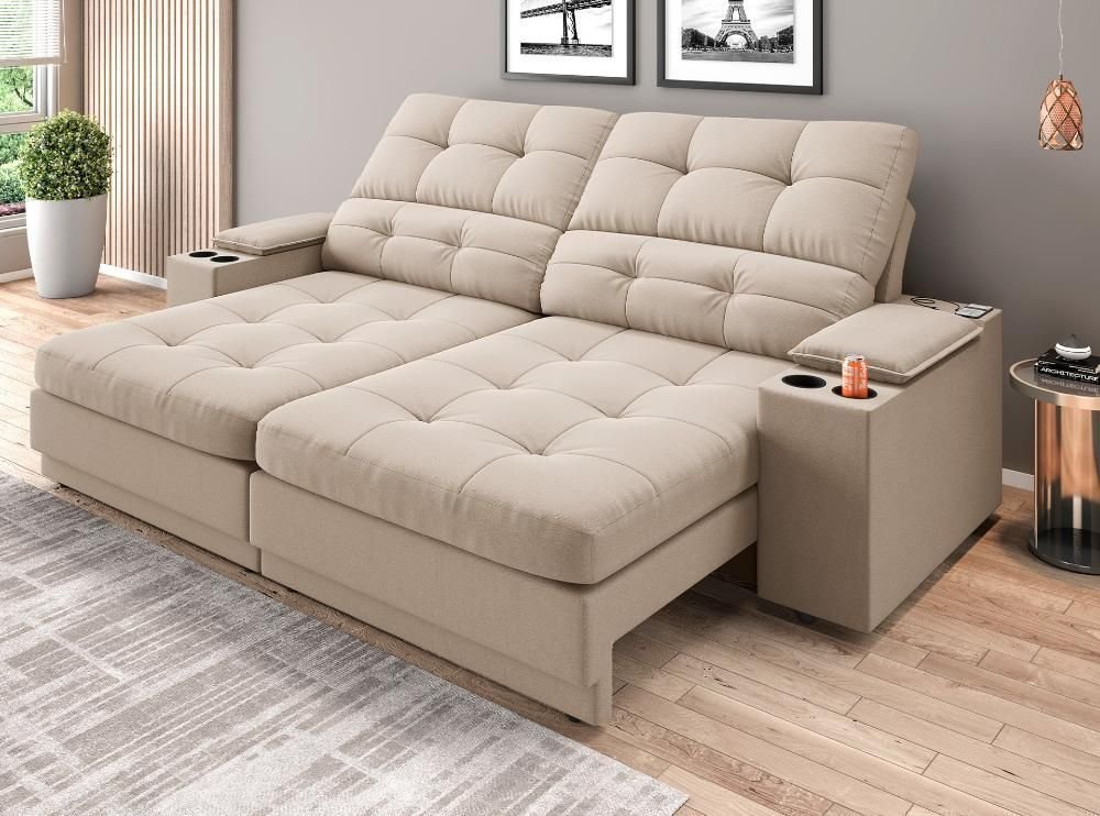 Sofá com Porta Copos e Carregador Usb Eureka 2,00m Assento Retrátil e Reclinável Velosuede -