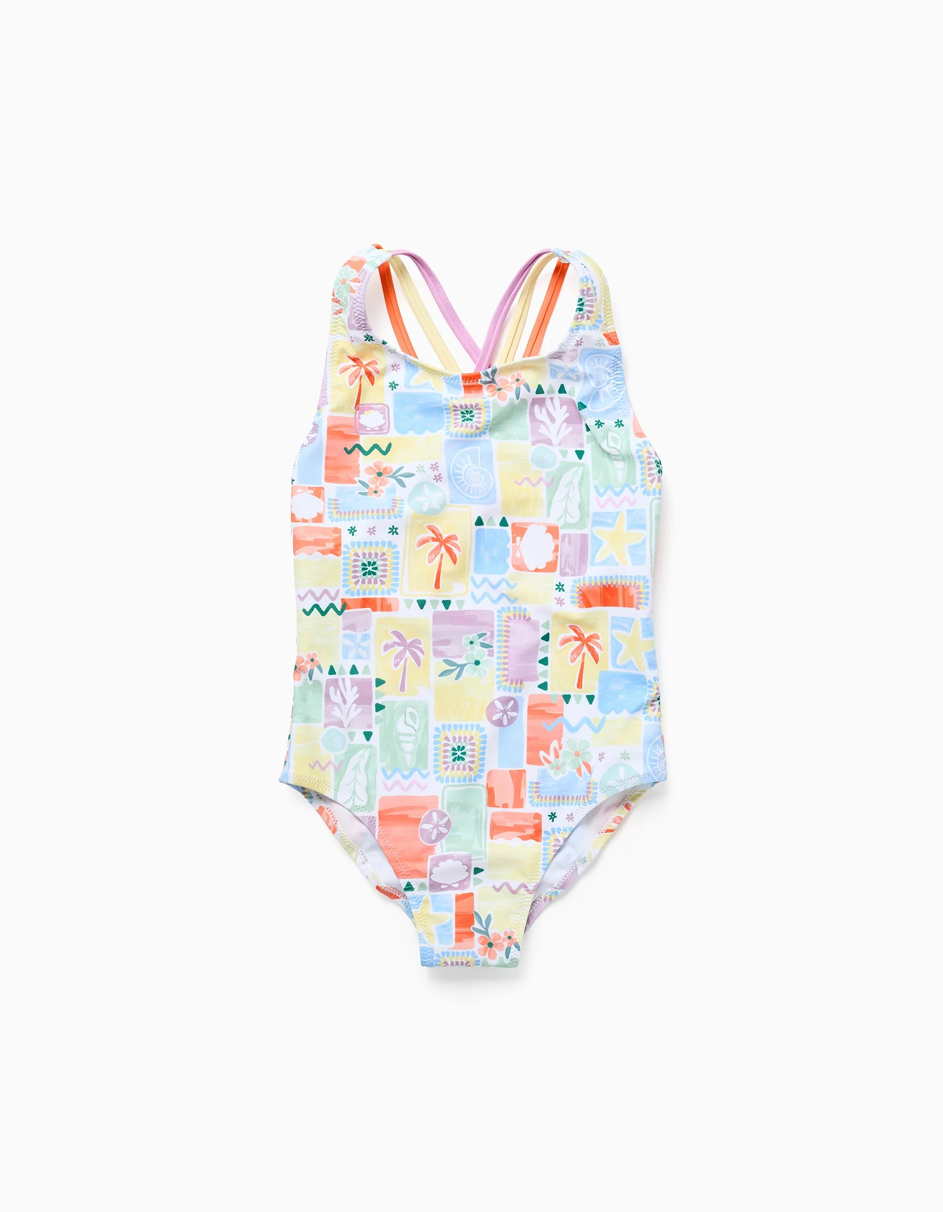 Swimsuit with colourful print and crossed straps for girls, multicolour