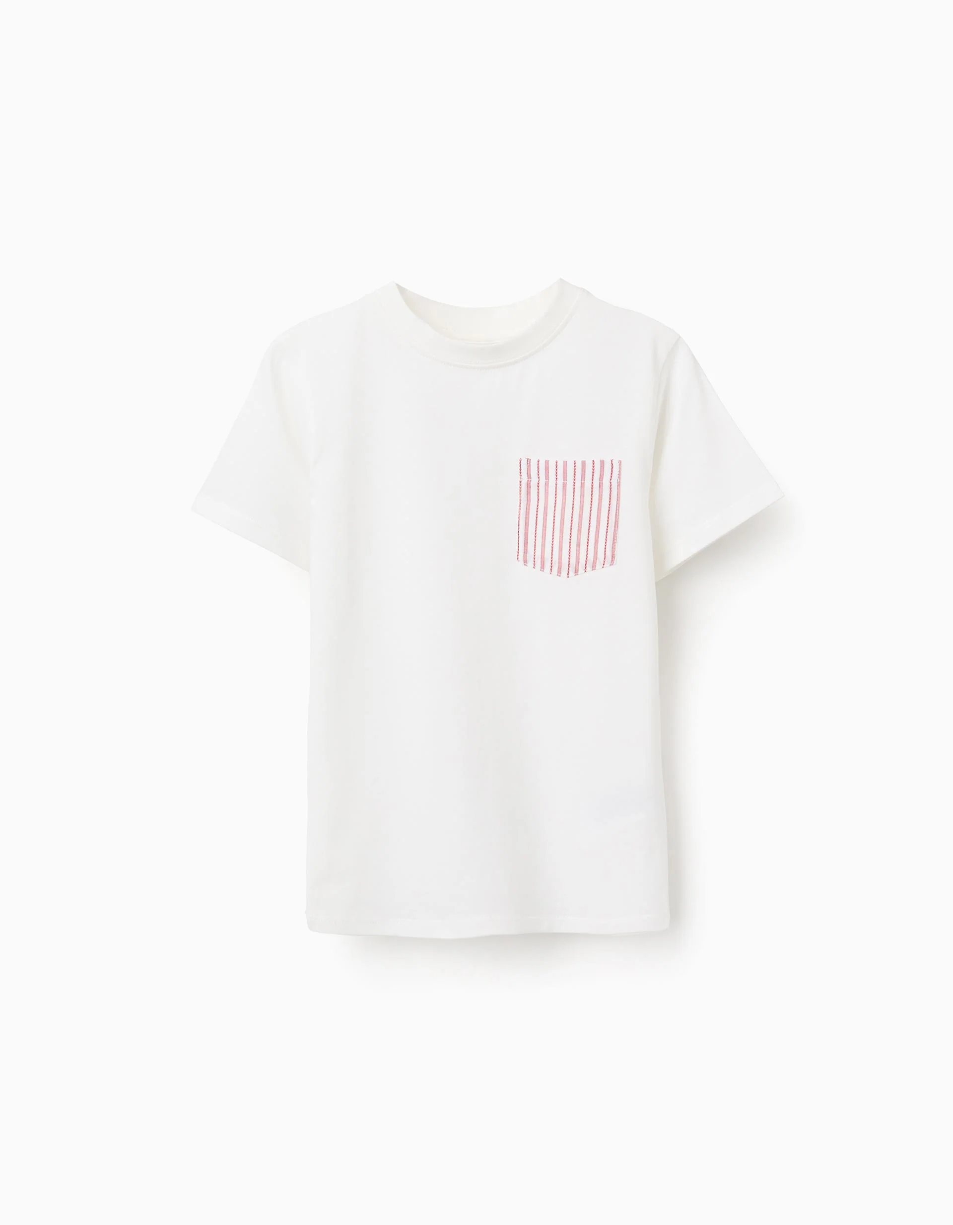 Cotton T-shirt with striped chest pocket for boys, white/red