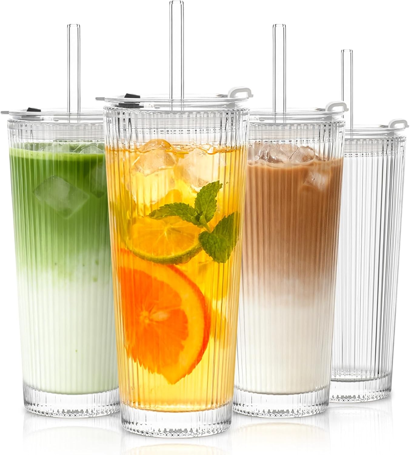 16oz Ribbed Glass Tumbler with Lid and Glass Straw  Set of 4 Glass Cups with Lids and Straws for Coffee  Smoothies  Cocktails and More  Reusable Iced Coffee Cups for Daily Use and Travel