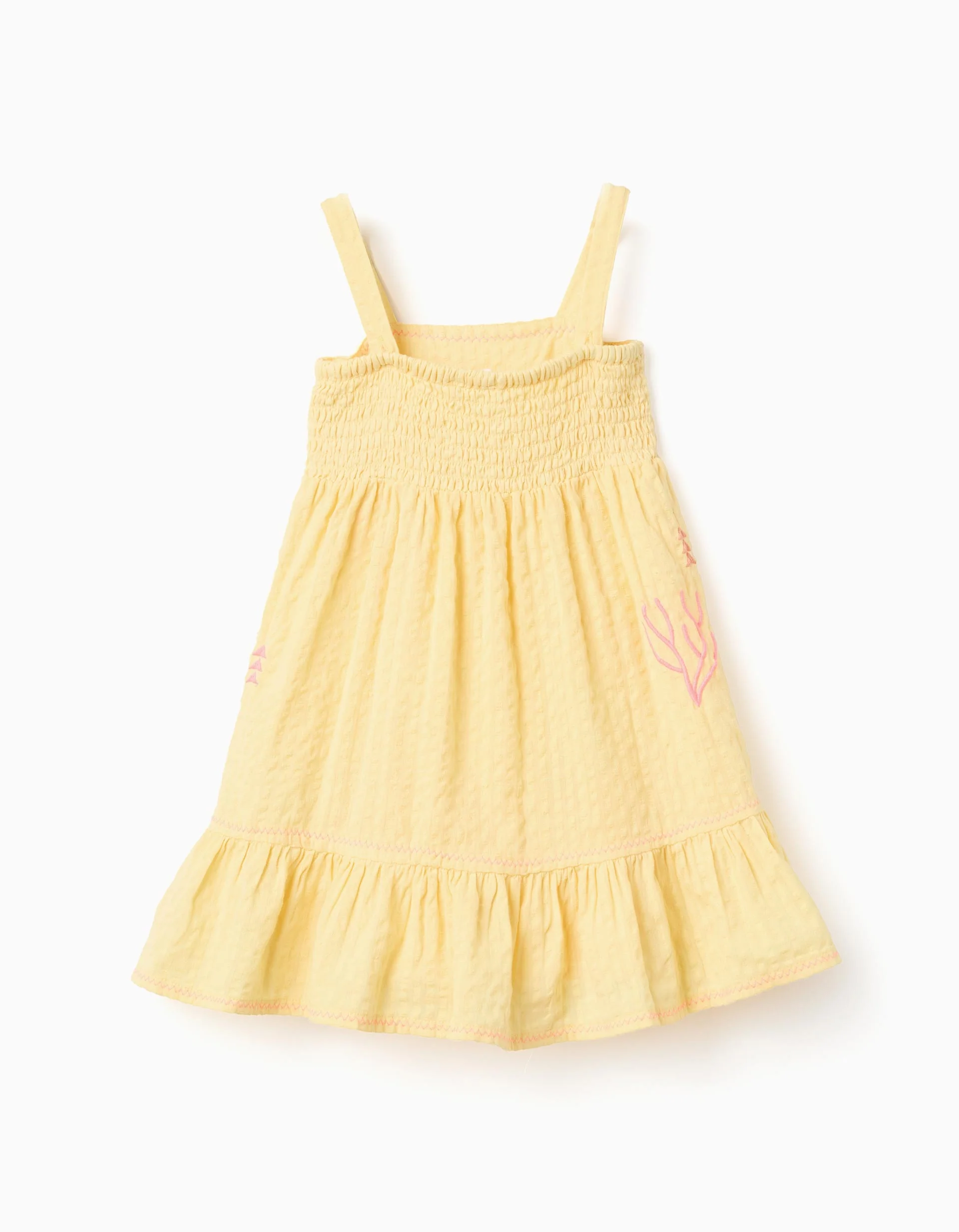 Sleeveless cotton dress with embroidered seaweed for baby girls, yellow