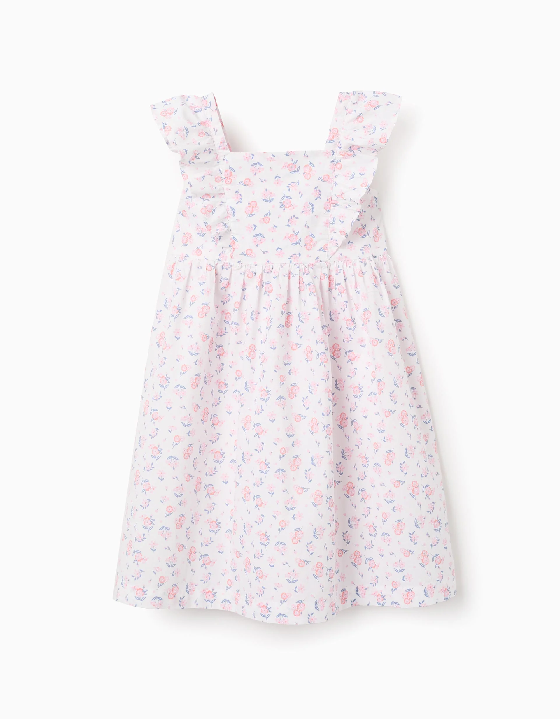 Poplin dress with floral motif and ruffles for girls, white