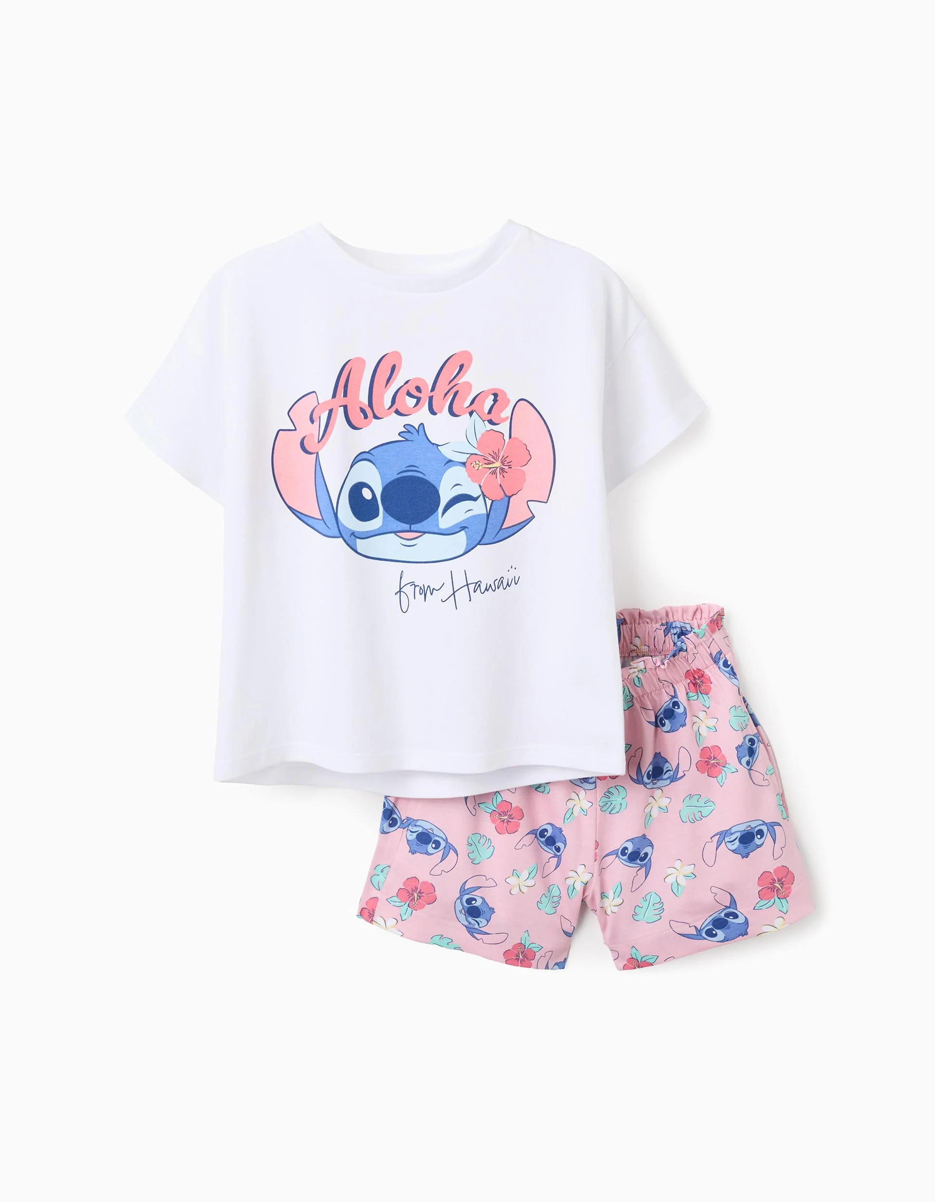 Cotton T-shirt and shorts set with Stitch print for girls, white/pink