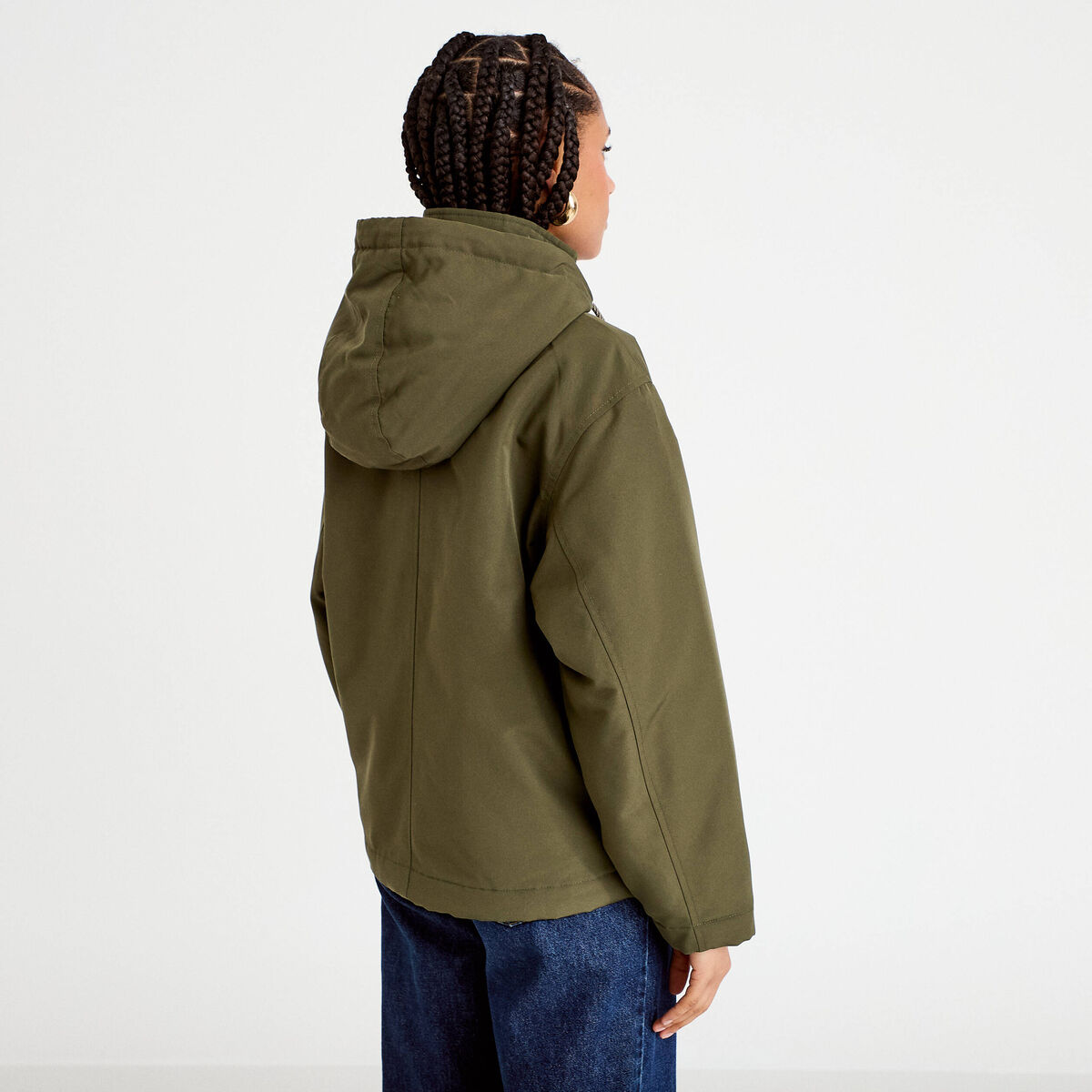 Parka courte à capuche manches longues vert kaki femme