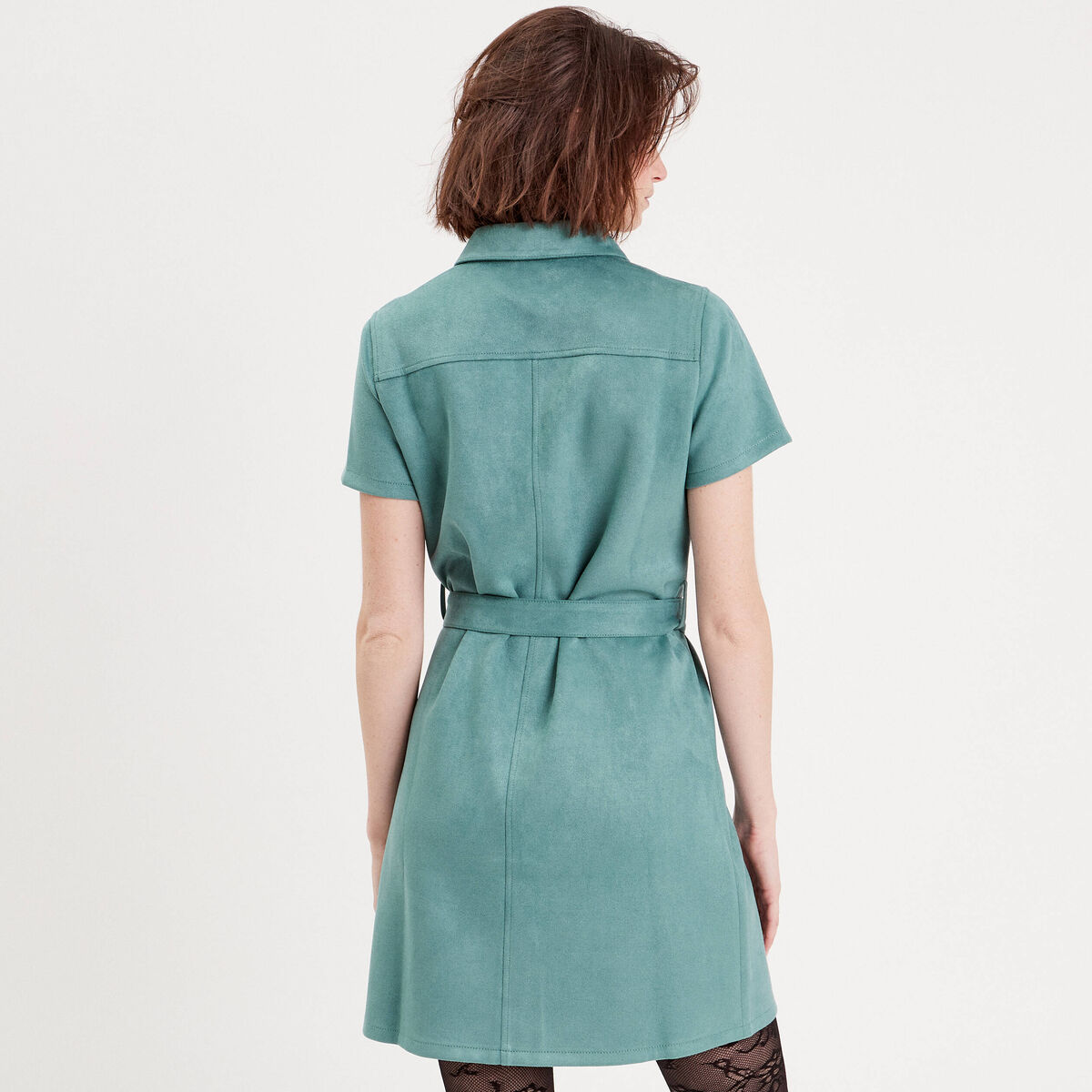 Robe suédine droite ceinturée vert foncé femme