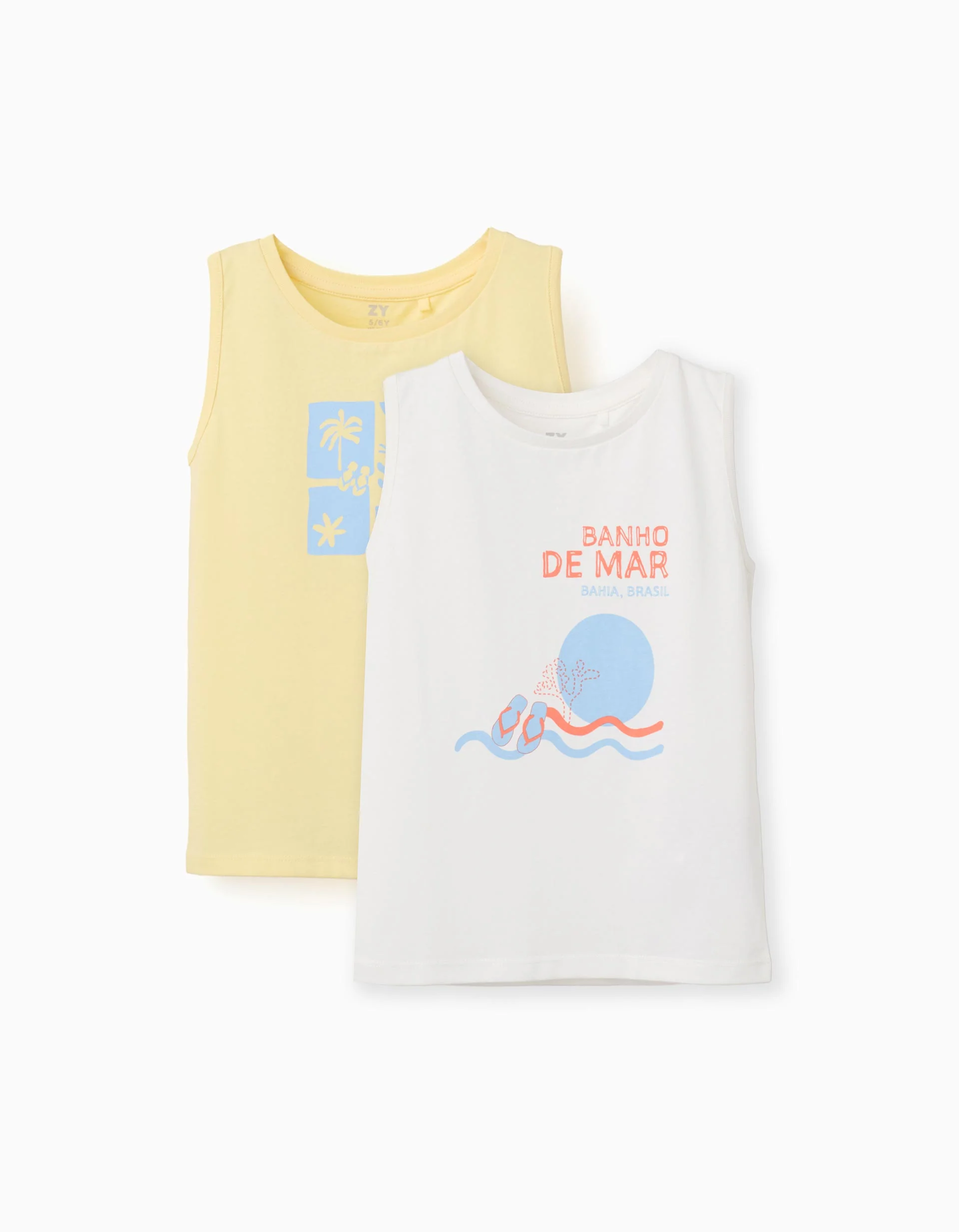 Pack of 2 cotton tank tops with beach prints for boys, yellow/white