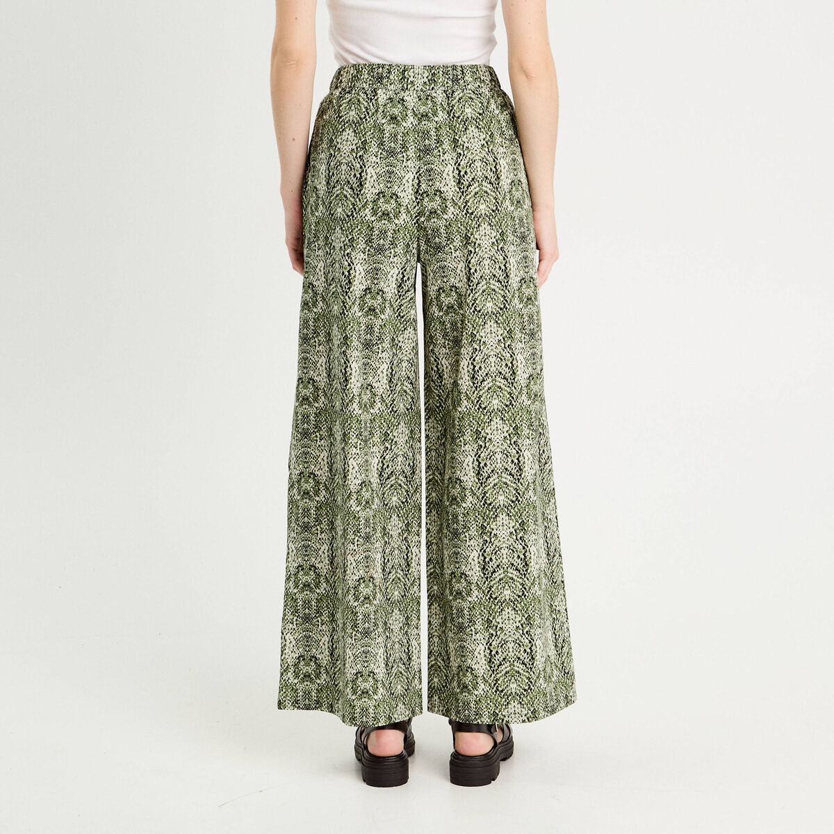 Pantalon large taille haute vert kaki femme