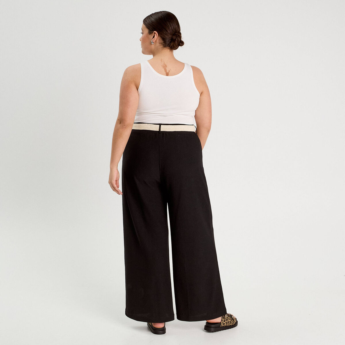 Pantalon large fluide ceinturé noir femme