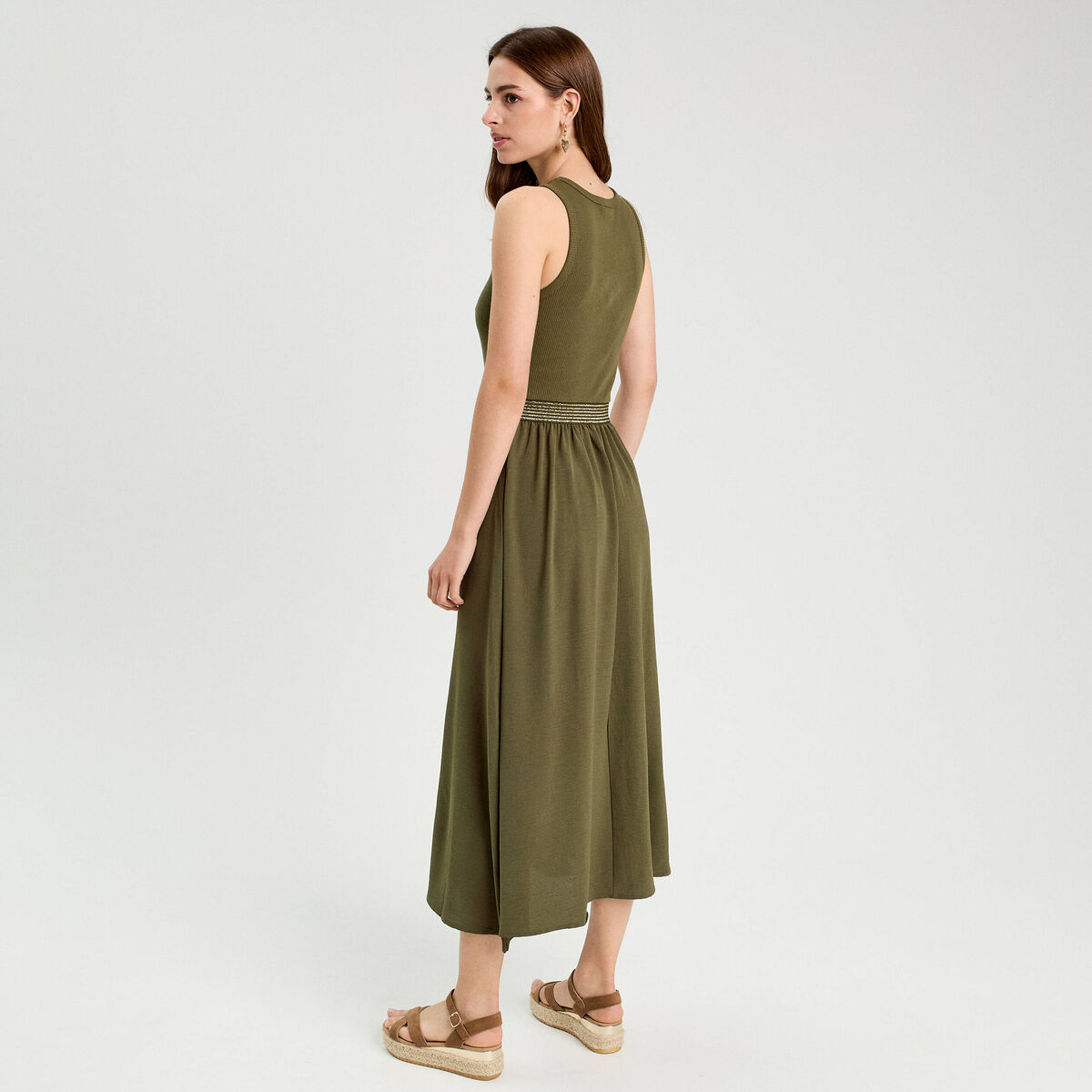 Robe longue effet 2-en-1 vert kaki femme