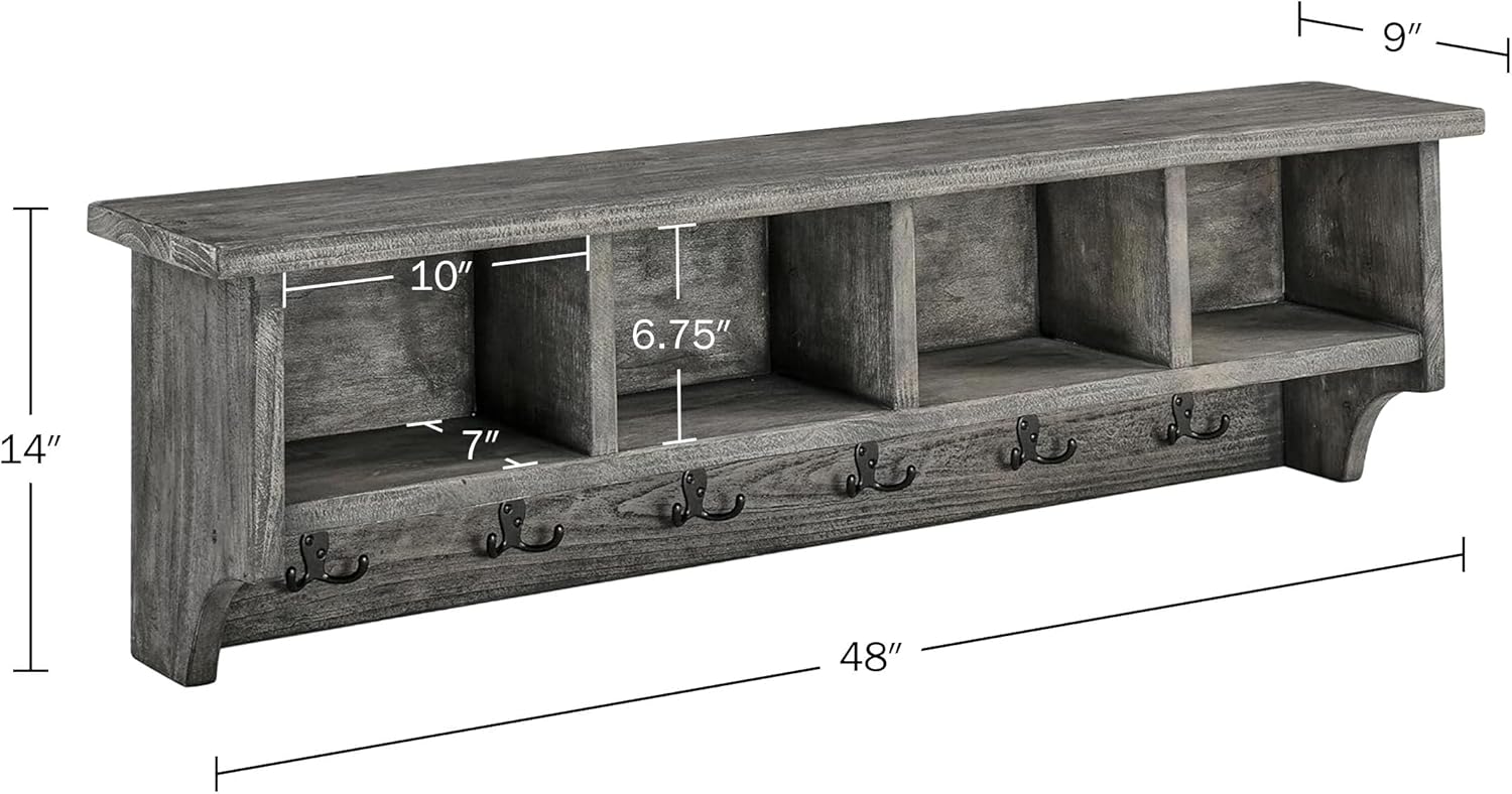 Pomona 48-Inch Wall-Mounted Coat Rack – Solid Wood & Metal Modern Entryway Organizer with 6 Heavy-Duty Hooks and 4 Open Cubbies for Mudroom, Hallway, Apartment, or Office Storage by Alaterre Furniture