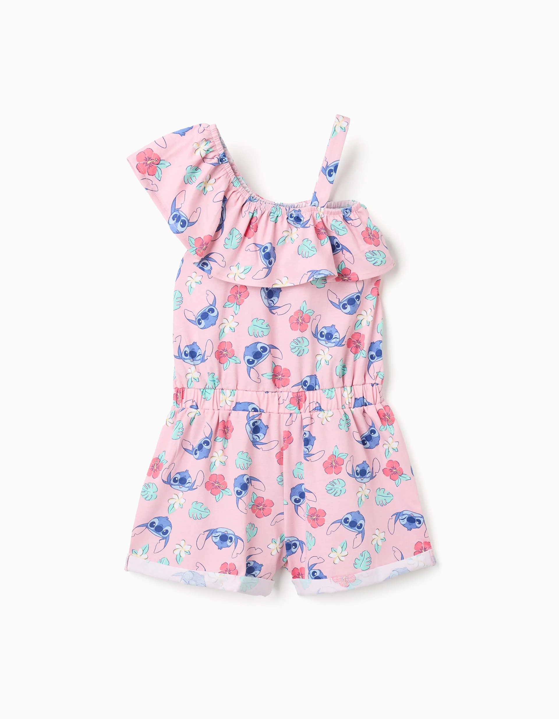 Cotton playsuit with Stitch motif and ruffles for girls, pink