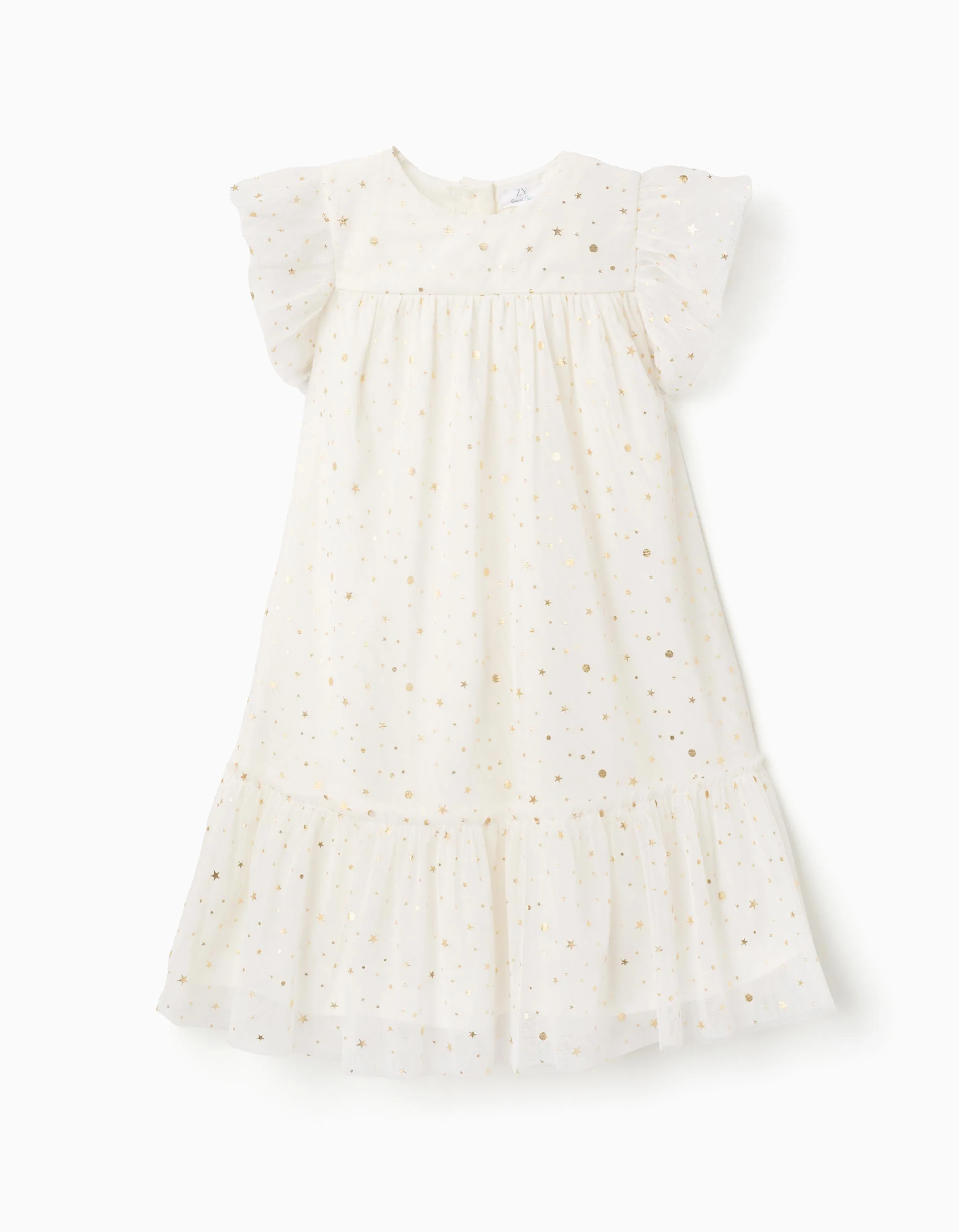 Sleeveless tulle dress with ruffles and stars for girls, white