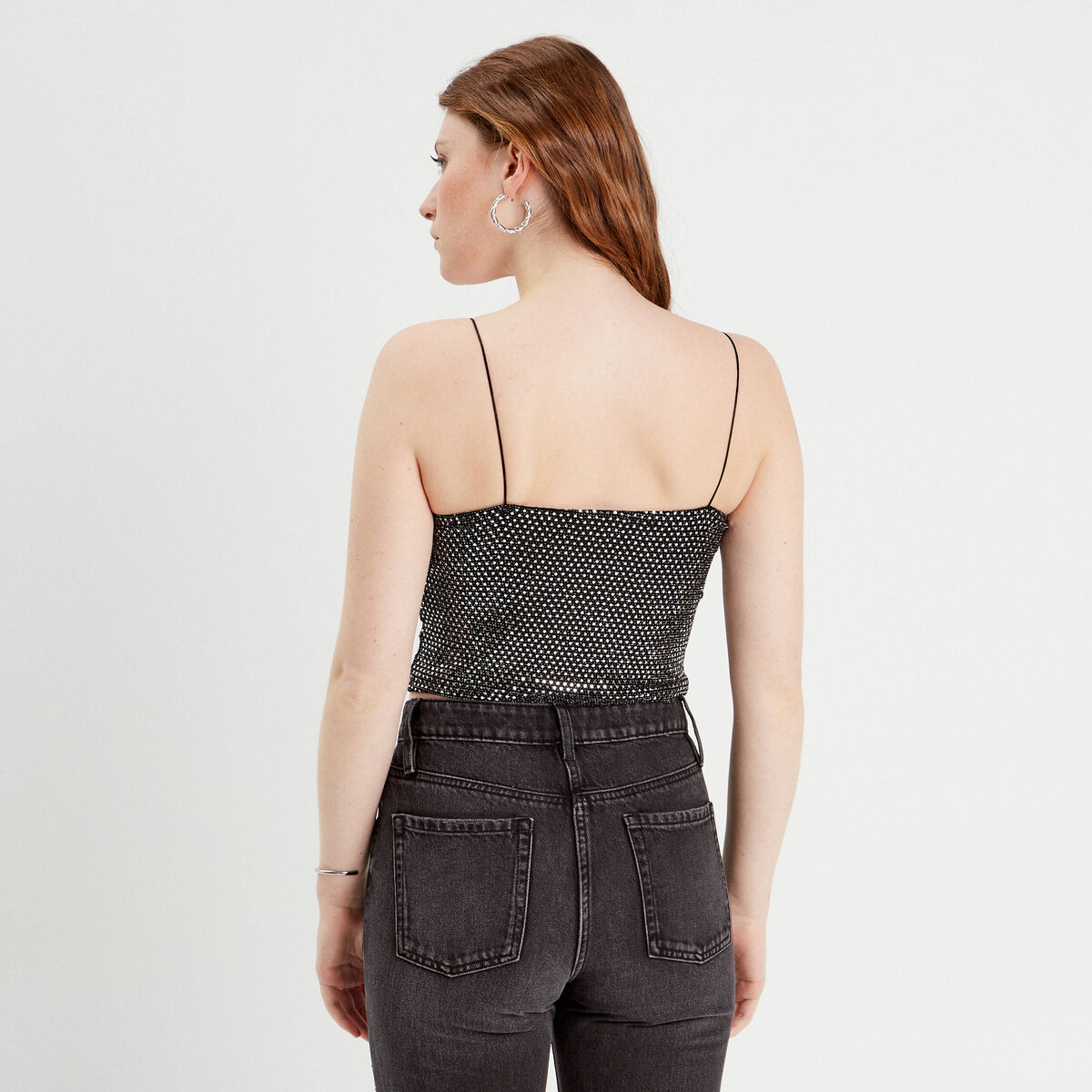 Débardeur cropped paillettes couleur argent femme