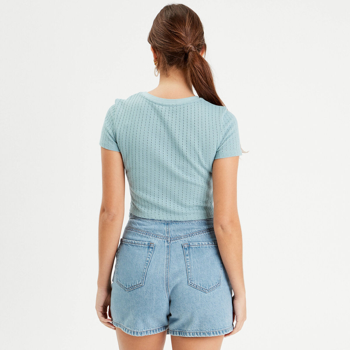 T-shirt cintré cropped bleu gris femme