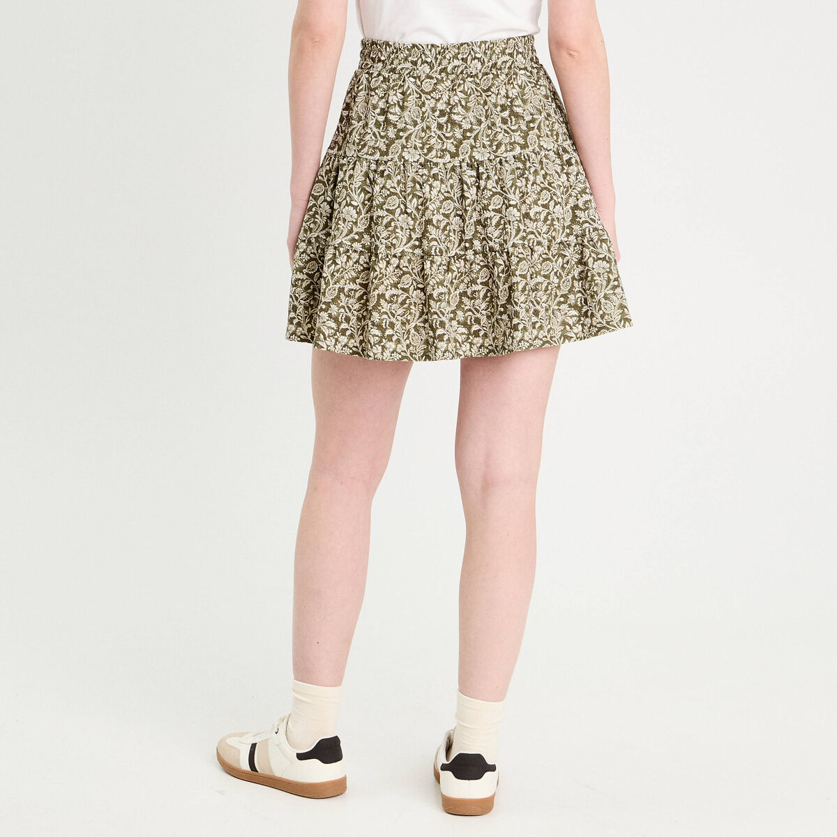 Jupe évasée taille élastiquée vert kaki femme