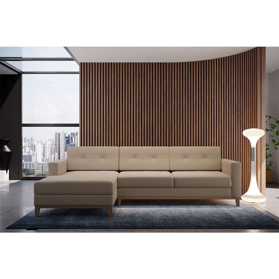 Sofá 3 Lugares Living com Chaise Esquerdo Pés e Base em Madeira Linho Cotton Bege em Promoção | Ofertas na Americanas