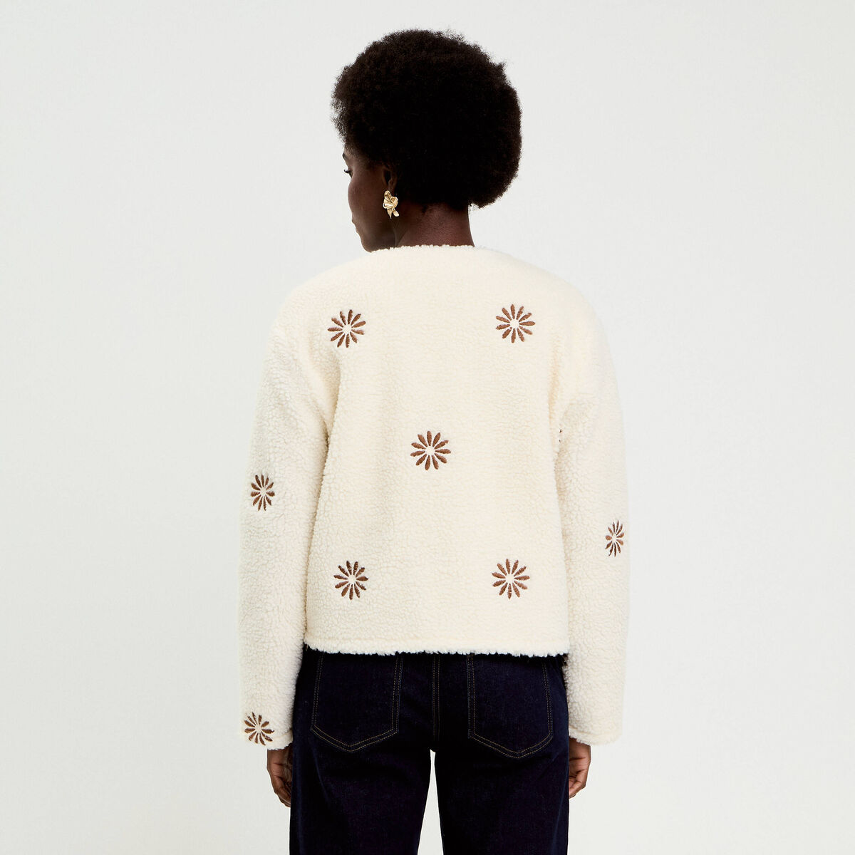 Gilet brodé effet polaire blanc femme