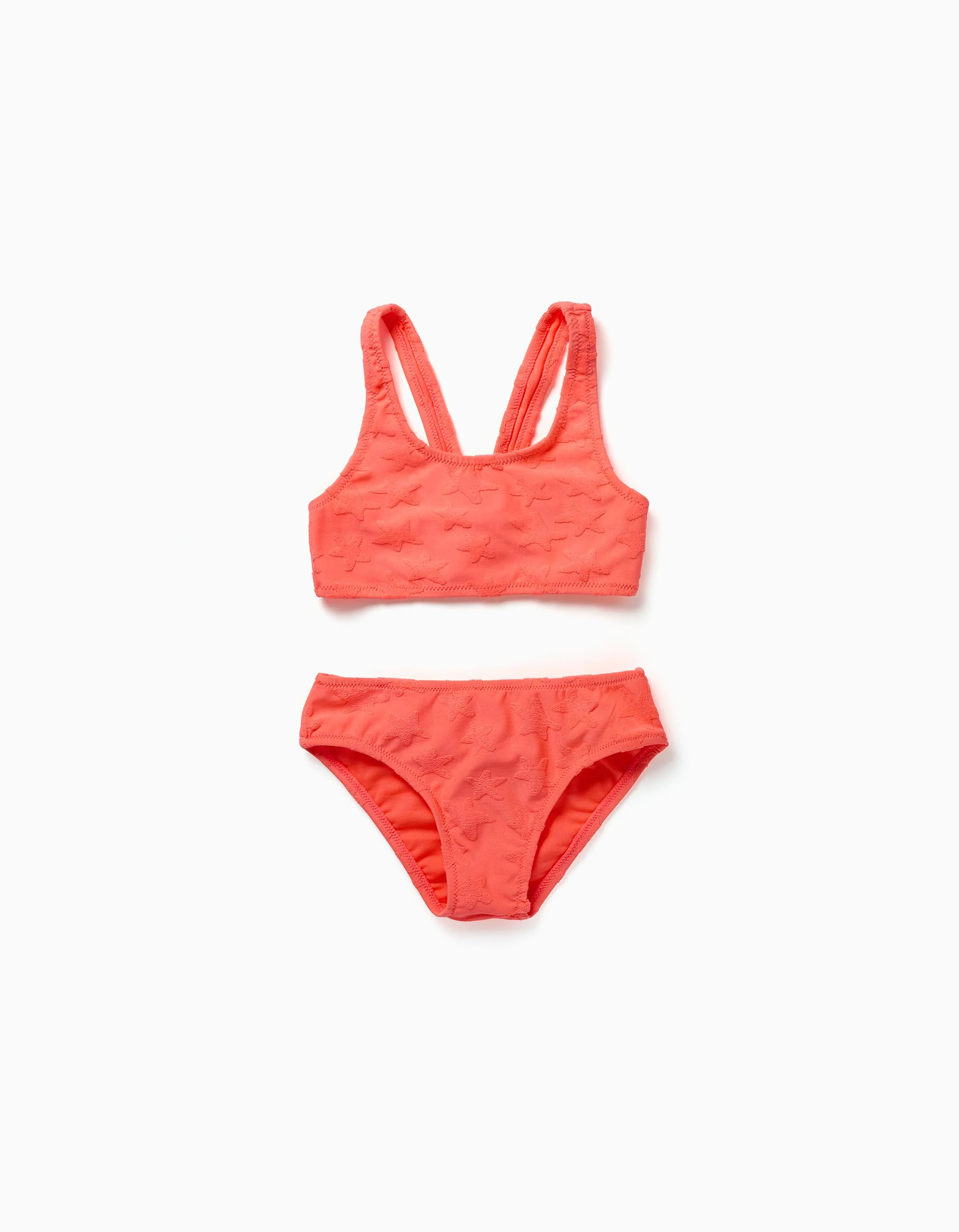 Bikini with star motif in bouclé for girls, neon coral