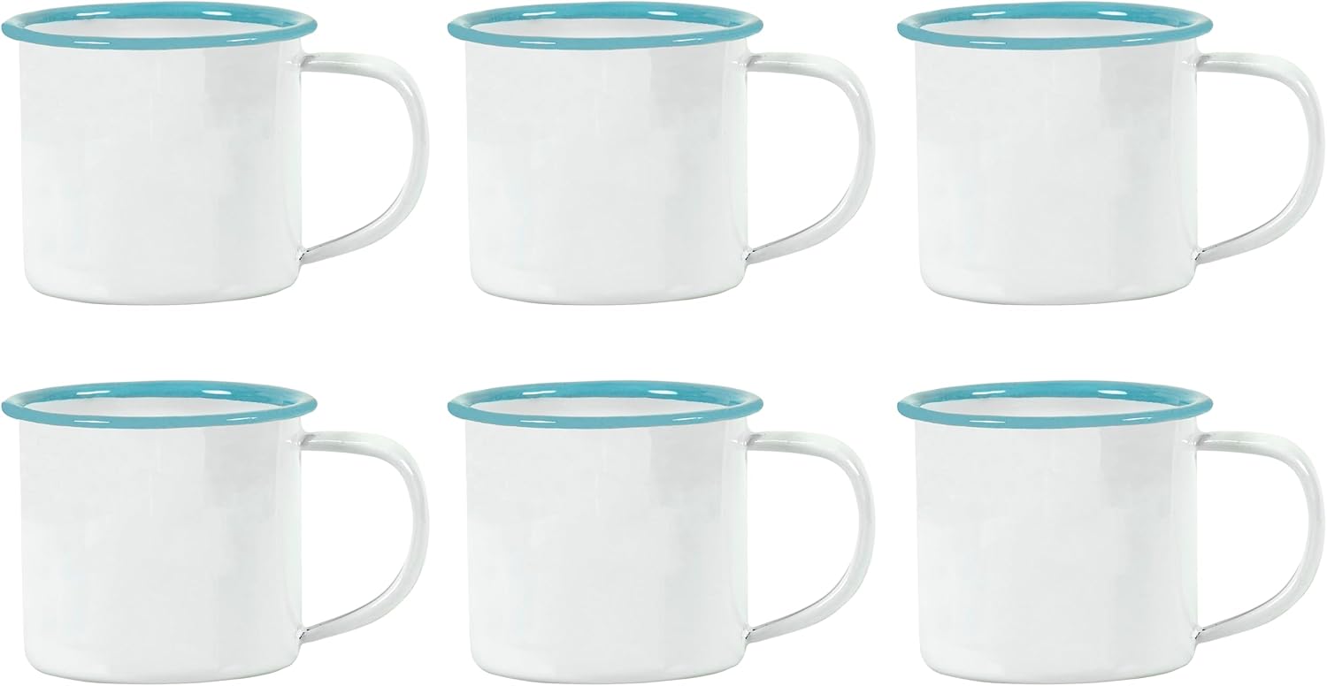 Set of 6 Enamelware Metal Small Classic 5 Oz Round Coffee and Tea Mug with Handle  Solid White/Teal Rim