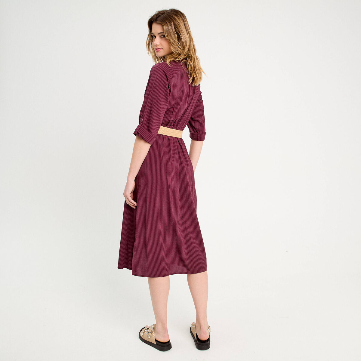 Robe midi évasée ceinturée prune femme