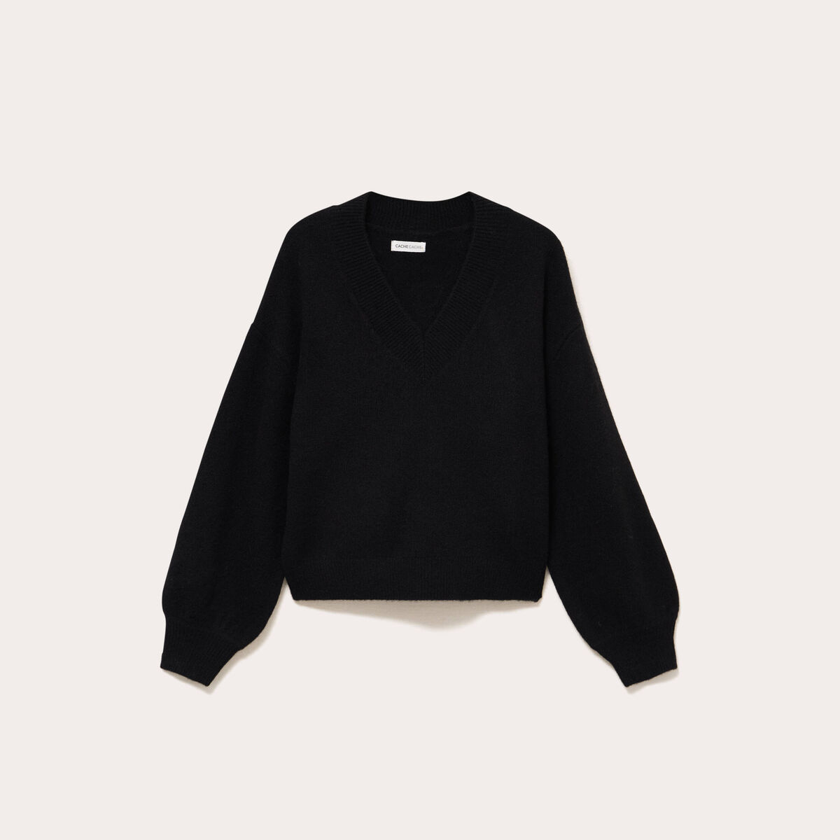 Pull col v manches longues noir femme