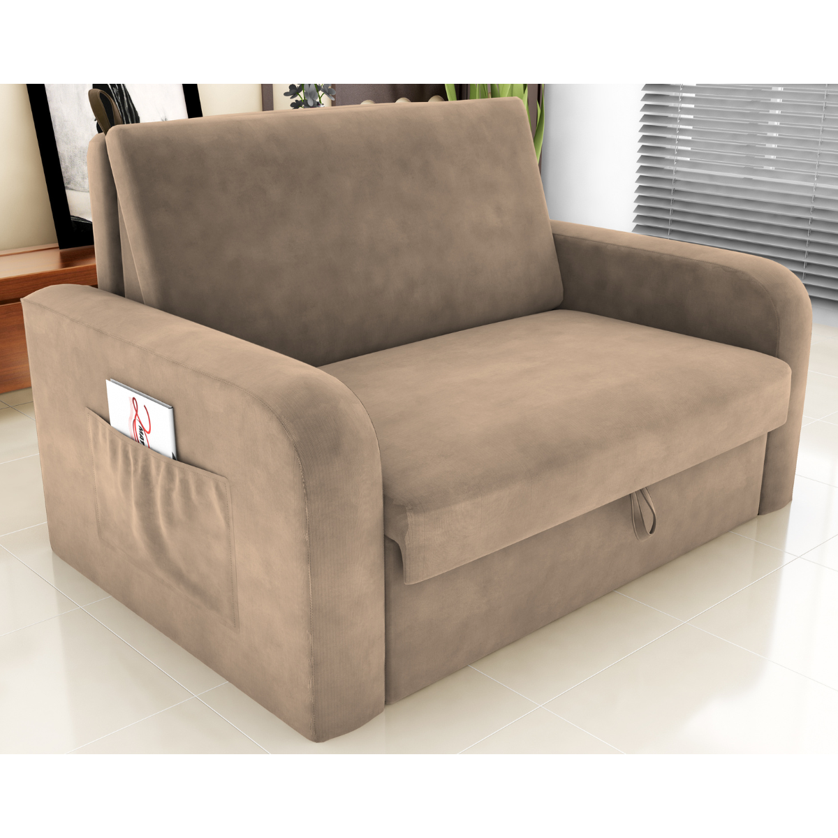 Sofá Cama com Baú 2 Lugares Raheny Suede Bege