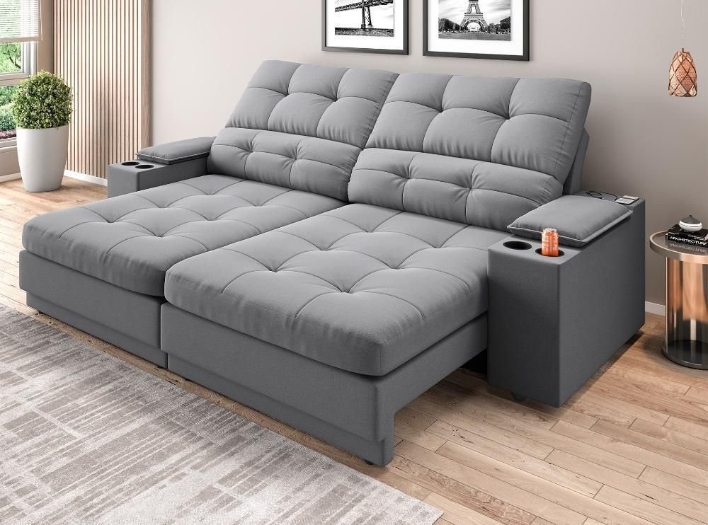 Sofá com Porta Copos e Carregador Usb Eureka 2,00m Assento Retrátil e Reclinável Velosuede -