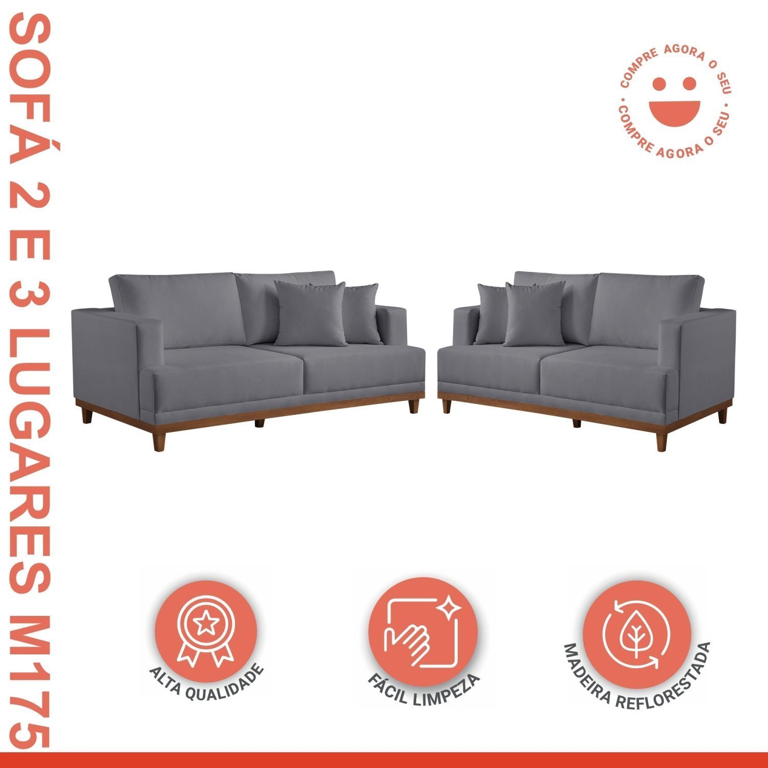 Conjunto de Sofá 2 e 3 Lugares Pés em Madeira Maciça Ingla