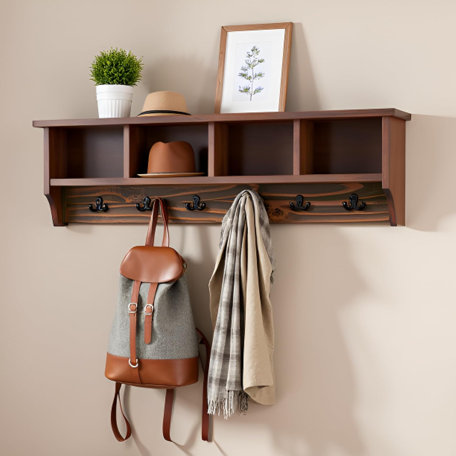 Pomona 48-Inch Wall-Mounted Coat Rack – Solid Wood & Metal Modern Entryway Organizer with 6 Heavy-Duty Hooks and 4 Open Cubbies for Mudroom, Hallway, Apartment, or Office Storage by Alaterre Furniture